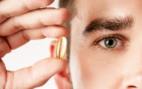 Un hombre sostiene una cápsula de aceite de pescado, destacando los omega 3 beneficios para hombres.