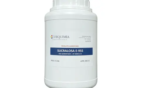 Envase de 0.5 kg de sucralosa E-955, un edulcorante apto para uso alimentario de Corquimia.