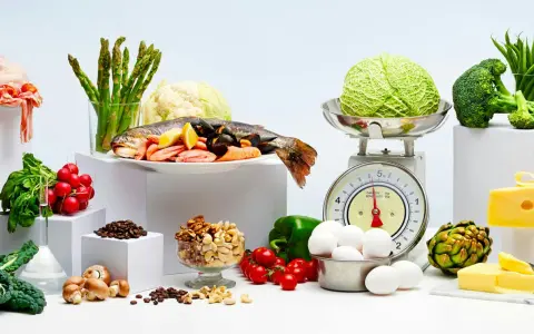 Variedad de alimentos bajos en carbohidratos: pescado, mariscos, verduras, huevos, frutos secos y queso.