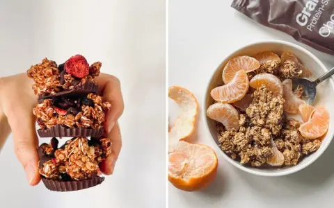 Deliciosa granola con chocolate y frutos rojos, y un tazón de granola con gajos de mandarina. ¡Así es que es la granola!