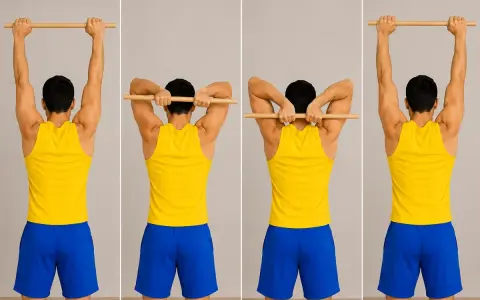 Hombre realiza estiramiento de tríceps con barra, mostrando la flexión y extensión de codos.