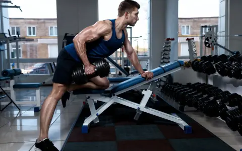Hombre musculoso realiza remo sentado con mancuerna en gimnasio.