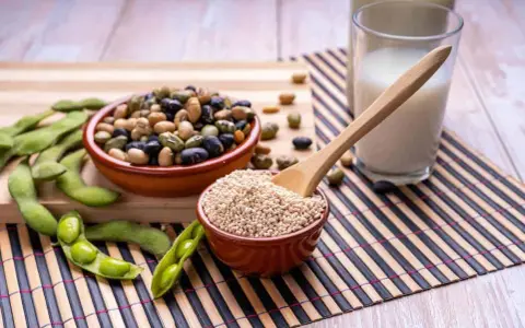 Granos de soja, edamame, leche de soja y lecitina de soja en polvo, ingredientes versátiles para una dieta saludable.