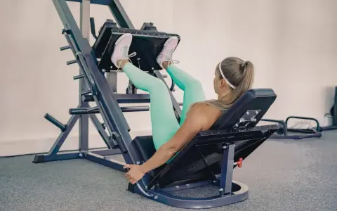 Mujer rubia con leggings turquesa y zapatillas rosas haciendo prensa ejercicio en una máquina de gimnasio.