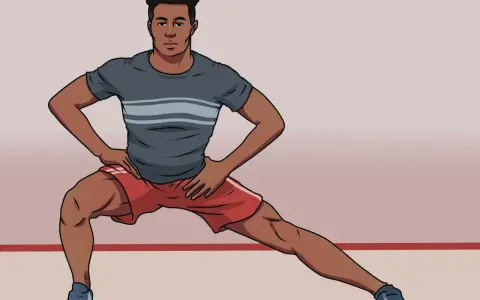 Hombre realizando una apertura lateral de piernas, con las manos en las caderas, estirando sus músculos.