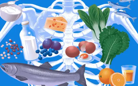Alimentos clave para una dieta para osteoporosis: lácteos, pescado, huevos, verduras de hoja verde, frutas y legumbres, rodeando un esqueleto.
