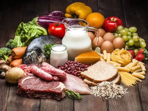 Variedad de alimentos: carnes, pescado, huevos, lácteos, frutas, verduras y carbohidratos para ganar masa muscular como pasta, pan y arroz.