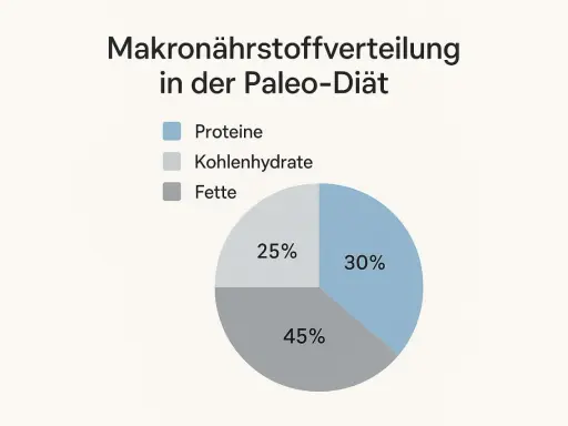 Gráfico de pastel muestra la distribución de macronutrientes en la dieta paleo: 30% proteínas, 25% carbohidratos, 45% grasas.