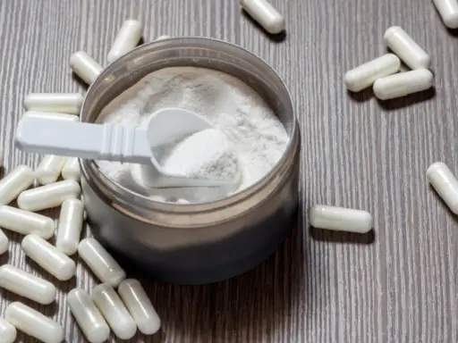Cápsulas y polvo blanco sobre fondo de madera. Descubre para qué sirve la L-arginina y sus beneficios.
