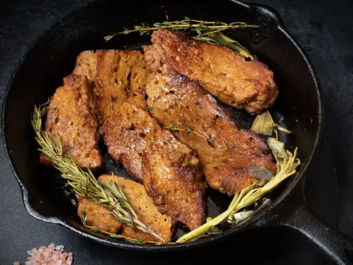 Seitan que es: trozos dorados y sabrosos de seitan cocinados en sartén con hierbas aromáticas como romero y tomillo.