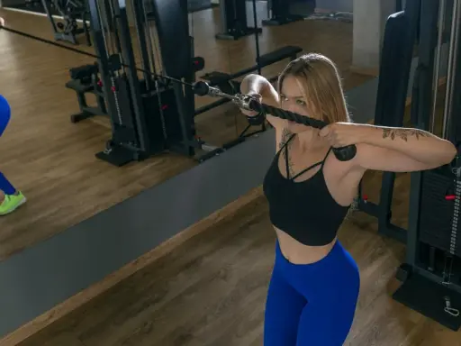 Mujer rubia realiza ejercicio face pull en polea alta, concentrada en su entrenamiento de hombros y espalda.