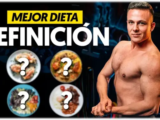 Hombre musculoso muestra platos de comida con signos de interrogación. El título dice "Mejor dieta definición".