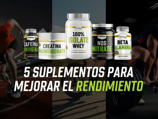 Cinco suplementos FullGas para mejorar el rendimiento: cafeína, creatina, aislado de suero, nitrato y beta alanina.