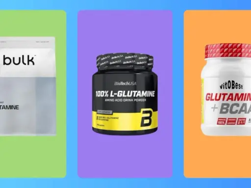 Tres productos de glutamina: bolsa de Bulk, bote de BioTechUSA y bote de VitoBest. Aprende como tomar glutamina para tus objetivos.