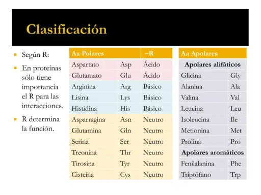 Tabla de clasificación de aminoácidos, incluyendo los mejores aminoácidos esenciales, divididos en polares y apolares.