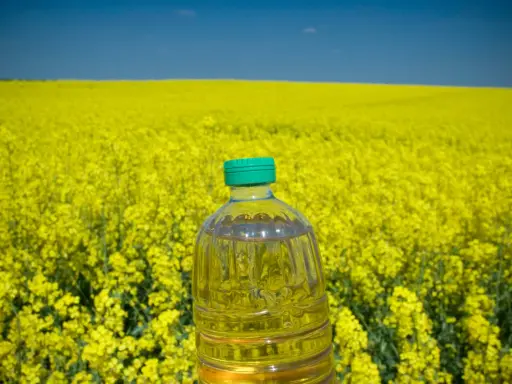 Botella de aceite de colza frente a un campo de colza amarilla. El aceite de colza es malo para la salud.