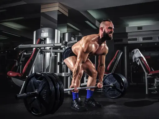 Hombre musculoso levanta una barra con pesas en un gimnasio. Su cuerpo está sudoroso y tenso, listo para el **pes mort**.