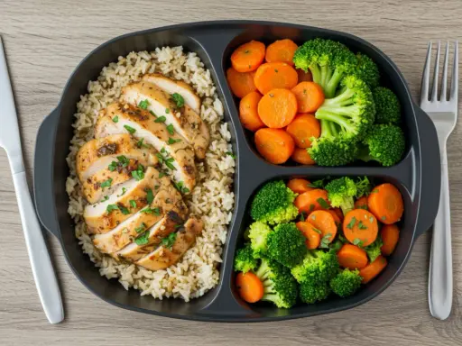 Pollo a la parrilla con arroz integral y brócoli con zanahorias. Una comida equilibrada que ayuda a entender qué es el déficit calórico.