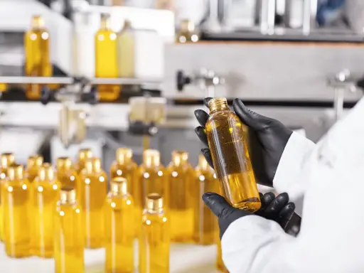 Manos enguantadas revisan botellas de líquido dorado, quizás para advertir que el aceite de girasol es malo.