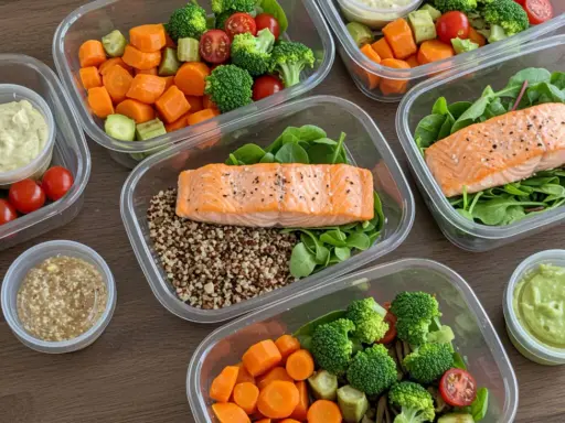 Preparación de comidas saludables: salmón, quinoa, brócoli, zanahorias y aderezos para un menú sin carbohidratos.