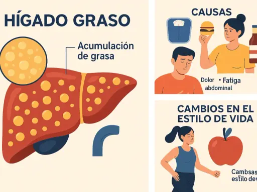 Ilustración sobre hígado graso, sus causas (obesidad, comida rápida, alcohol) y cambios en el estilo de vida para una dieta saludable.