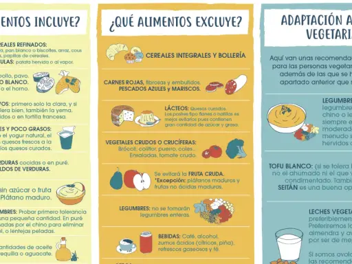 Dieta blanda alimentos: incluye cereales refinados, carnes blancas, pescado blanco, huevos, lácteos naturales y verduras cocidas.