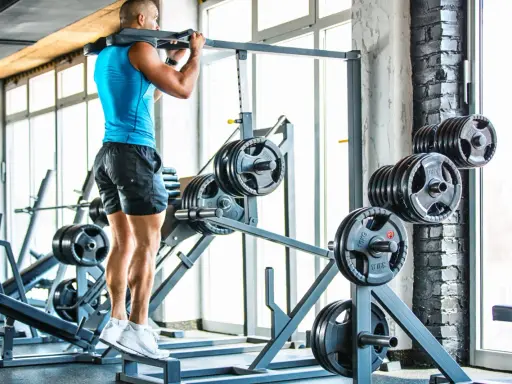 Hombre entrenando en gimnasio, con barra en hombros. Se ven discos de pesas y máquinas.
