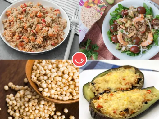 Platos variados con quinoa: ensalada con gambas, quinoa con verduras, berenjenas rellenas y granos de quinoa.