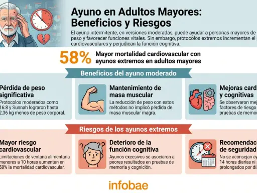 Infografía sobre ayuno intermitente en adultos mayores: beneficios (pérdida de peso, masa muscular, mejoras cardíacas/cognitivas) y riesgos (mortalidad cardiovascular, deterioro cognitivo).