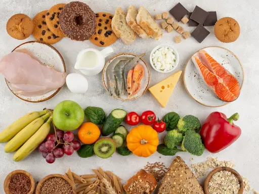 Diversos alimentos, incluyendo frutas, verduras, carnes, lácteos y granos. Algunos alimentos procesados cuales son: galletas, donas, pan y chocolate.