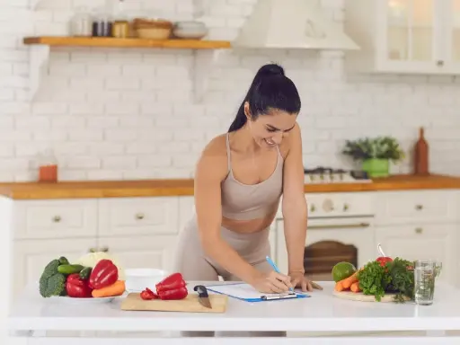 Mujer sonriente planifica su dieta vegetariana para deportistas en la cocina, rodeada de verduras frescas.