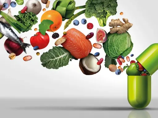Alimentos como salmón, frutas y verduras, ejemplos de micronutrientes, fluyen hacia una cápsula verde.