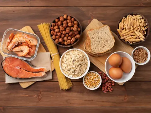 Salmón, camarones, avena, pan, pasta, huevos, lentejas, cacahuates y maíz. Todos son fuentes de proteína, esencial para formar cada aminoácido.