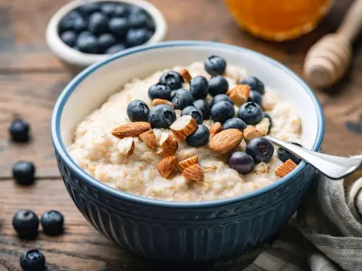 Un tazón de avena cremoso con arándanos y almendras. Una forma deliciosa de como comer avena para empezar el día.