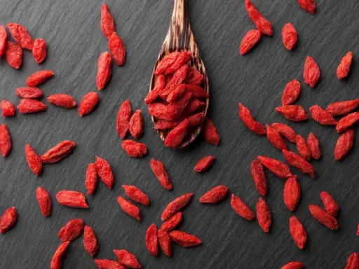 Cucharón de madera lleno de bayas de goji rojas y secas, esparcidas sobre una superficie oscura.
