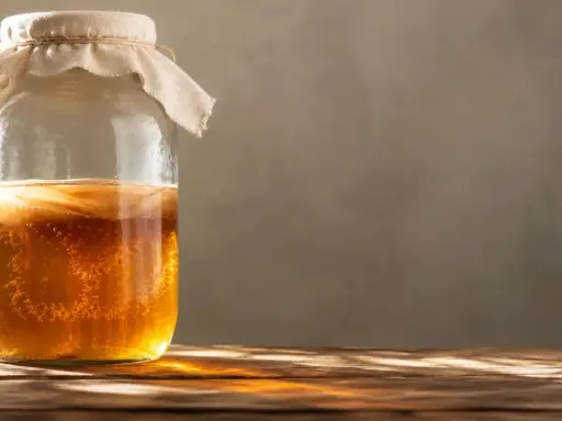 Un tarro de kombucha burbujeante, ideal para la salud digestiva. Descubre para qué es bueno la kombucha y sus beneficios.