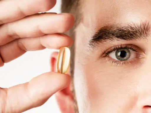 Un hombre sostiene una cápsula de aceite de pescado, destacando los omega 3 beneficios para hombres.