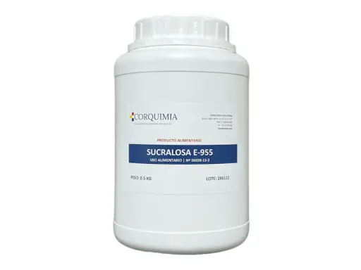 Envase de 0.5 kg de sucralosa E-955, un edulcorante apto para uso alimentario de Corquimia.