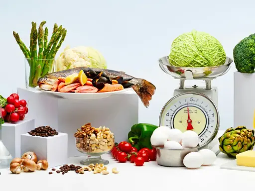 Variedad de alimentos bajos en carbohidratos: pescado, mariscos, verduras, huevos, frutos secos y queso.