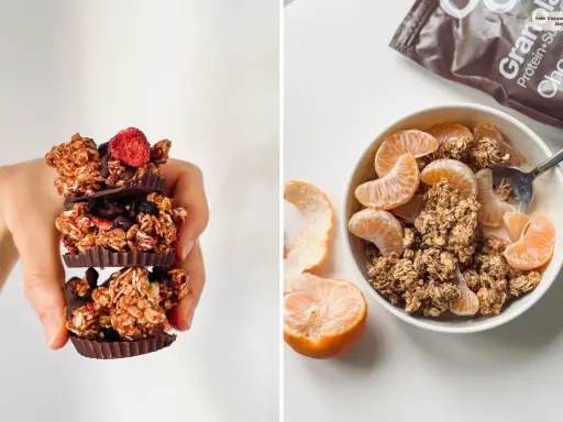 Deliciosa granola con chocolate y frutos rojos, y un tazón de granola con gajos de mandarina. ¡Así es que es la granola!