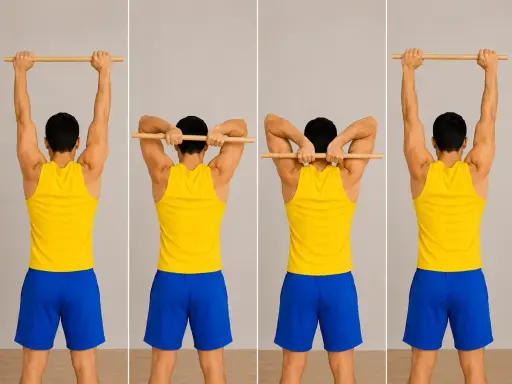 Hombre realiza estiramiento de tríceps con barra, mostrando la flexión y extensión de codos.