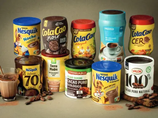 Variedad de productos de cacao, incluyendo Cola Cao y Nesquik. El cacao puro es la base de estas deliciosas bebidas.