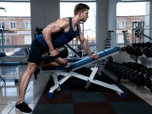 Hombre musculoso realiza remo sentado con mancuerna en gimnasio.