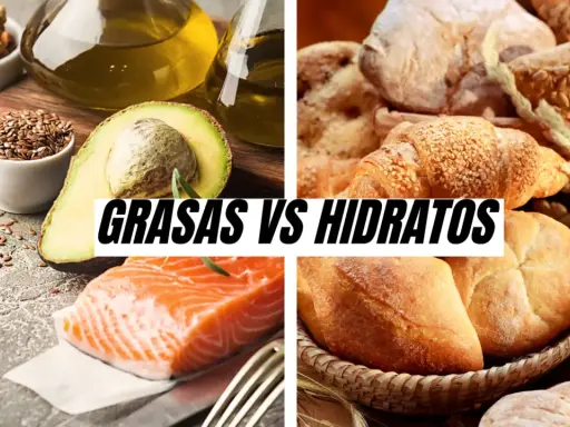 Aguacate, aceite, nueces y salmón, fuentes de grasas saludables, contrastan con panes y cruasanes, ricos en carbohidratos.