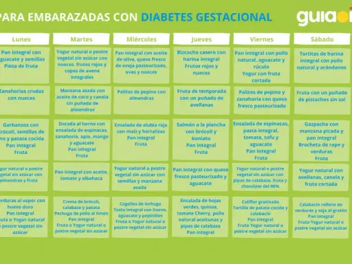 Menú semanal para embarazadas con dieta diabetes gestacional: desayunos, comidas y cenas equilibradas.