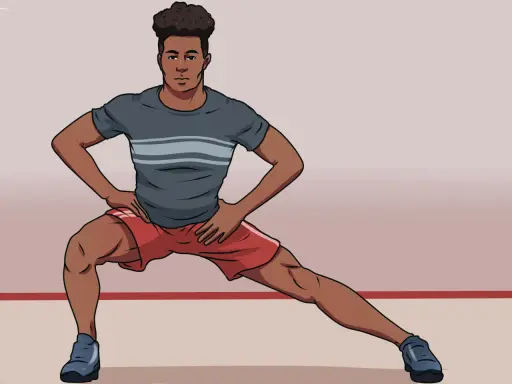 Hombre realizando una apertura lateral de piernas, con las manos en las caderas, estirando sus músculos.