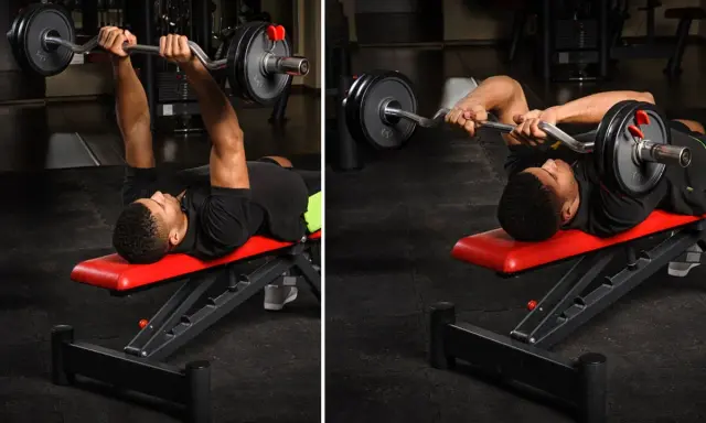 Hombre haciendo ejercicio en banco con barra para triceps francés.
