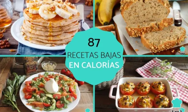 87 recetas bajas en calorías: tortitas con plátano, pan de plátano, ensalada y tomates rellenos.