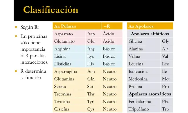 Tabla de clasificación de aminoácidos, incluyendo los mejores aminoácidos esenciales, divididos en polares y apolares.