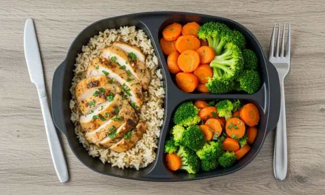 Pollo a la parrilla con arroz integral y brócoli con zanahorias. Una comida equilibrada que ayuda a entender qué es el déficit calórico.